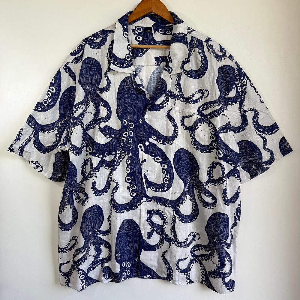 Tokyo Tiger Octopus Hawaiian Shirt 3XL Mens White Blue 100% Cotton Aloha Beach
